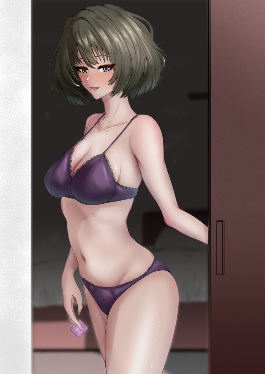 blush bob_cut bra breasts cleavage collarbone condom condom_wrapper female green_hair heterochromia highres holding holding_condom idolmaster idolmaster_cinderella_girls indoors looking_at_viewer medium_breasts mole mole_under_eye navel panties purple_bra purple_panties short_hair smile solo stomach takagaki_kaede underwear underwear_only yamasa