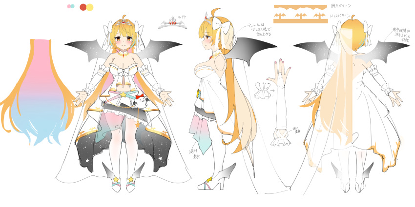 a-pose ayagi_daifuku bat_wings black_wings blush bow breasts cleavage closed_mouth detached_collar detached_sleeves dress female full_body hairbow high_heels highres hololive multiple_views navel oerba_yun_fang orange_eyes orange_hair reference_sheet tiara translation_request virtual_youtuber white_background white_bow wings yozora_mel