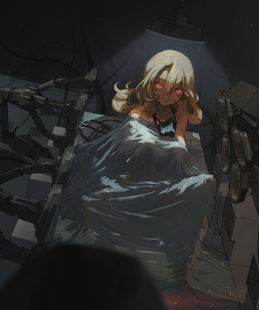 armored_core armored_core_6 blonde_hair breasts collarbone commentary dark eien_project english_commentary female glowing glowing_eyes hair_between_eyes highres indoors lao_ren_xing large_breasts long_hair parted_lips red_eyes skye_shinryu solo under_covers