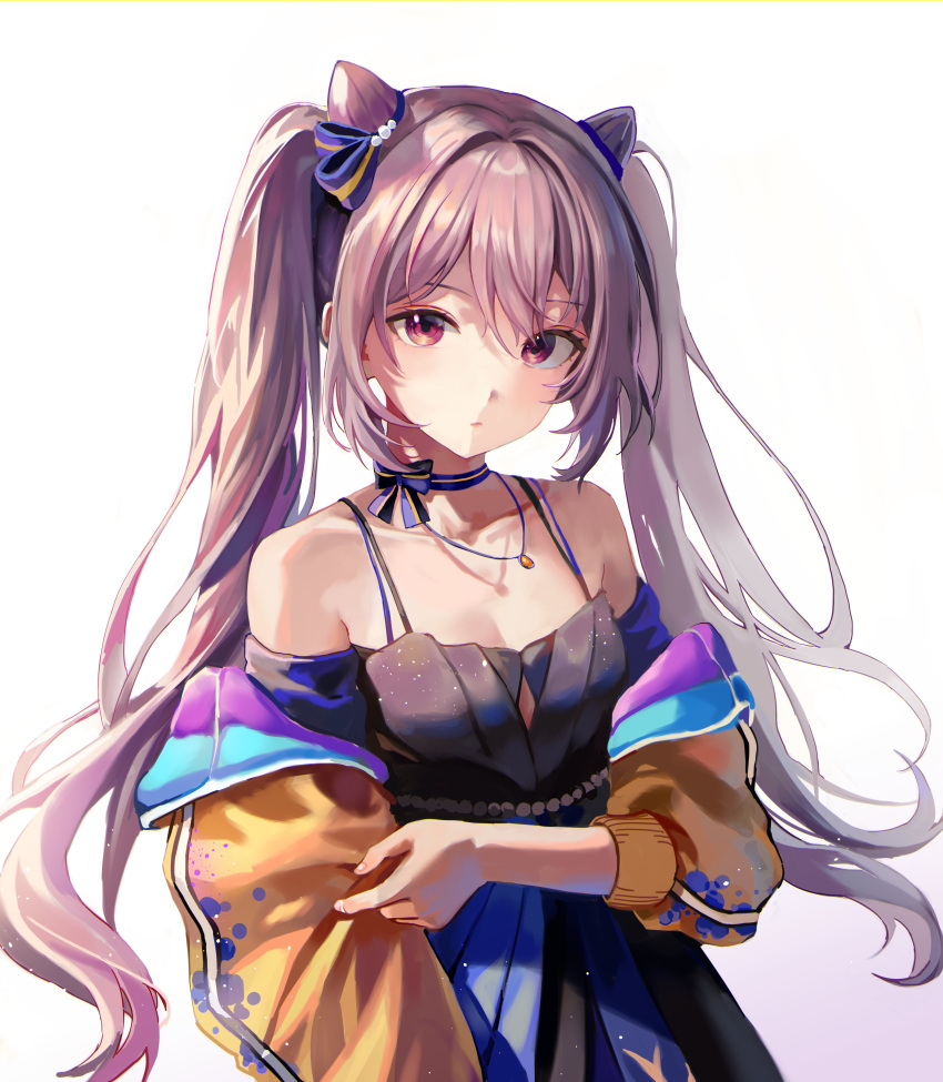 absurdres bare_shoulders blue_choker choker cone_hair_bun dress female genshin_impact hair_bun highres jacket keqing_(genshin_impact) long_hair looking_at_viewer off_shoulder purple_eyes purple_hair solo spaghetti_strap starlime twintails upper_body very_long_hair white_background yellow_jacket