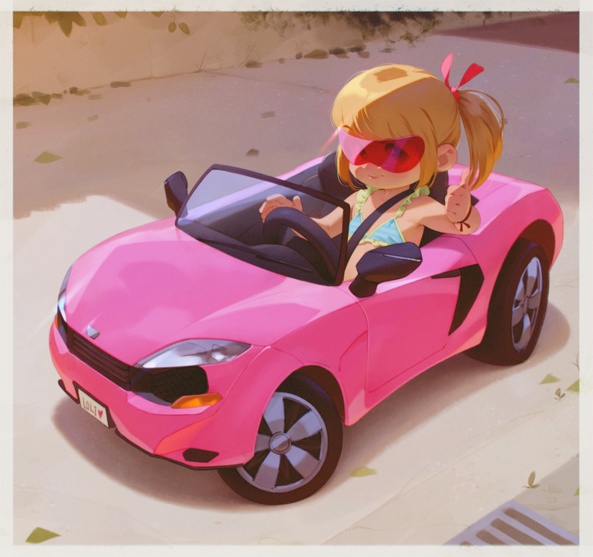 alkemanubis bikini blonde_hair blue_bikini border bow car driving female hairbow highres leaf lolicon looking_at_viewer motor_vehicle original outdoors pavement pink_bow ponytail red-tinted_eyewear seatbelt smile steering_wheel sunglasses swimsuit thumbs_up tinted_eyewear toy_car white_border windshield