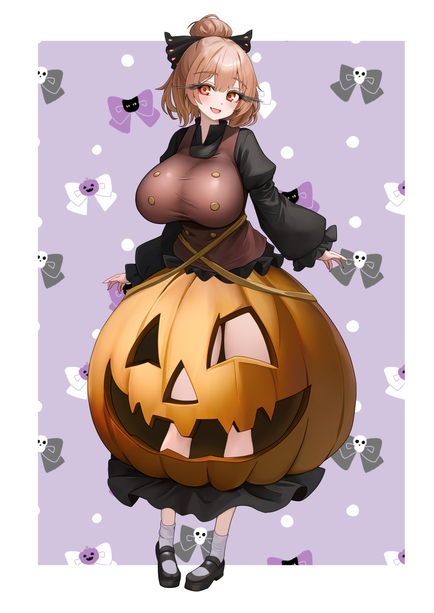 :d absurdres black_bow black_footwear bow breasts brown_hair bubble_skirt commentary female full_body grey_background grey_socks hairbow halloween halloween_costume highres jack-o'-lantern juliet_sleeves kurodani_yamame large_breasts long_eyelashes long_sleeves looking_at_viewer oerba_yun_fang orange_eyes orange_skirt puffy_sleeves short_hair skin_fang skirt smile socks solo sugar_you touhou