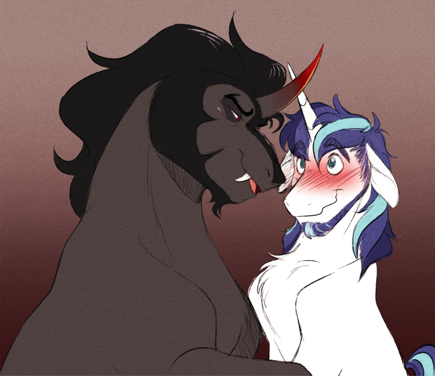 absurd_res beard black_eyebrows black_hair blue_eyebrows blue_eyes blue_hair blush doodlemark duo equid equine eyebrows facial_hair fangs feral friendship_is_magic fur grey_body hair hasbro hi_res horn imminent_sex king_sombra_(mlp) male mammal my_little_pony mythological_creature mythological_equine mythology red_eyes shining_armor_(mlp) size_difference teeth umbrum unicorn white_body white_fur