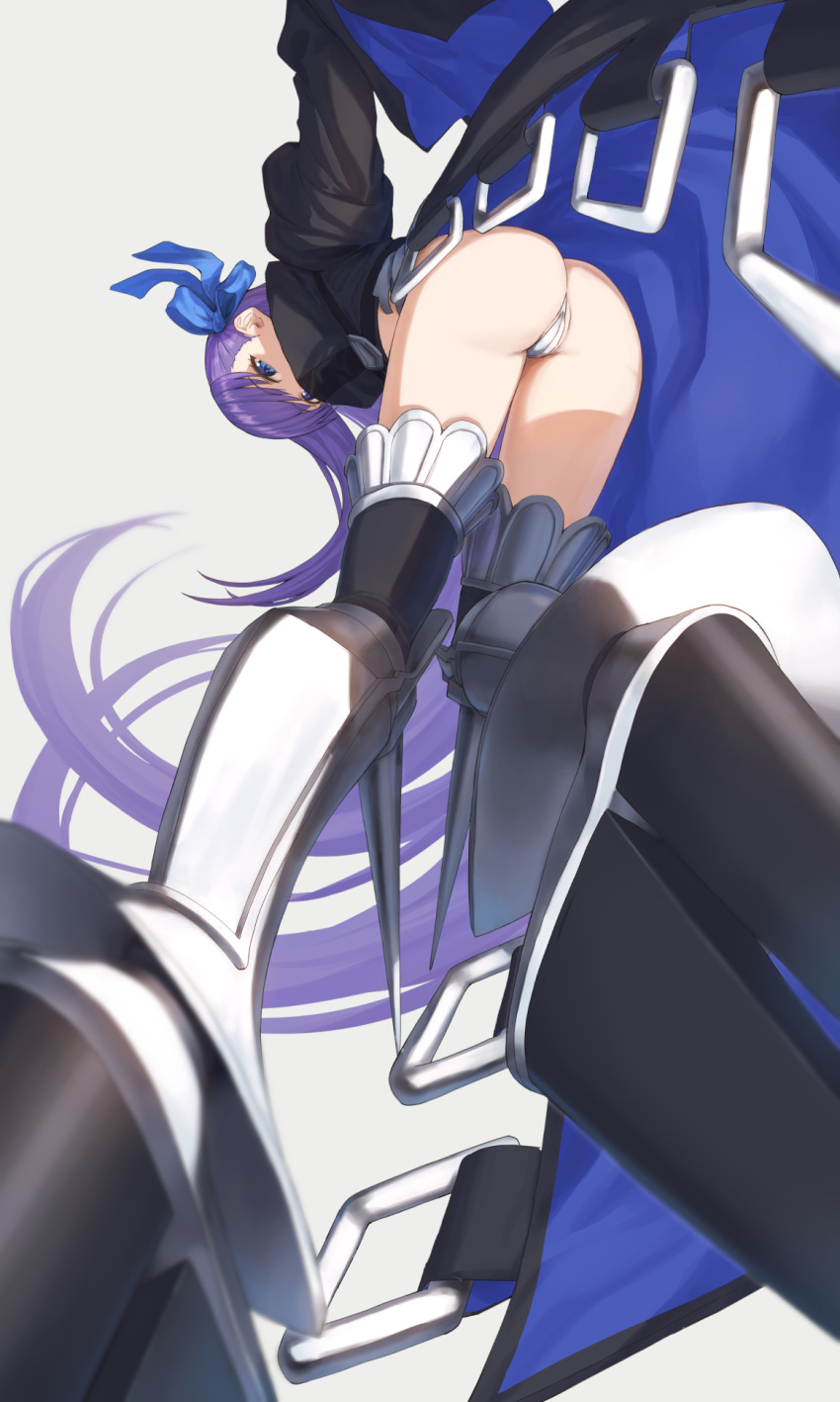 armored_boots ass ass_focus blue_eyes blue_ribbon boots cameltoe crotch_plate fate/grand_order fate_(series) female from_below highres kamo_ashi long_hair long_sleeves looking_at_viewer looking_down meltryllis_(fate) prosthesis prosthetic_leg purple_hair ribbon sleeves_past_fingers sleeves_past_wrists solo very_long_hair