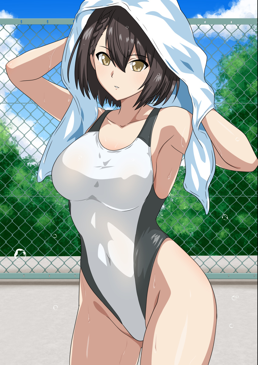 absurdres alternate_costume armpits arms_up azur_lane baltimore_(azur_lane) bare_shoulders blue_sky braid breasts brown_hair chain-link_fence cleavage cloud collarbone commentary_request competition_swimsuit covered_navel cowboy_shot day drying drying_hair female fence groin hair_between_eyes highres large_breasts looking_at_viewer one-piece_swimsuit outdoors parted_lips short_hair sidelocks sky solo standing swimsuit towel towel_on_head wet wet_hair white_one-piece_swimsuit yellow_eyes yuuyuu_(3jjbn)