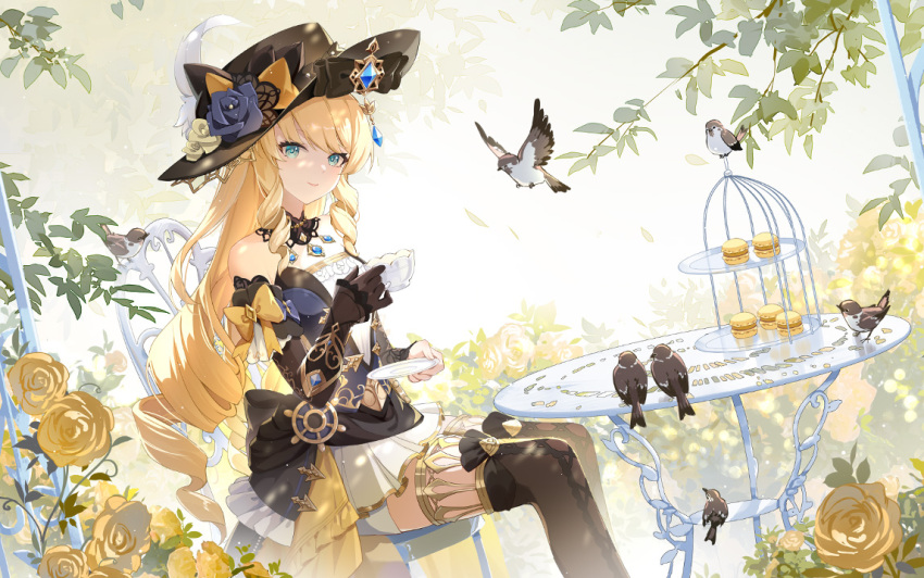 bare_shoulders bird black_bow black_dress black_hat black_sleeves blonde_hair blue_eyes blue_flower bow breasts chair chinese_commentary closed_mouth commentary cup detached_sleeves dress drill_hair female flower food genshin_impact hat hat_bow hat_flower holding holding_cup holding_saucer long_hair looking_at_viewer macaron medium_breasts morimori_(14292311) navia_(genshin_impact) saucer sitting smile solo strapless strapless_dress teacup tiered_tray very_long_hair white_flower yellow_bow yellow_flower