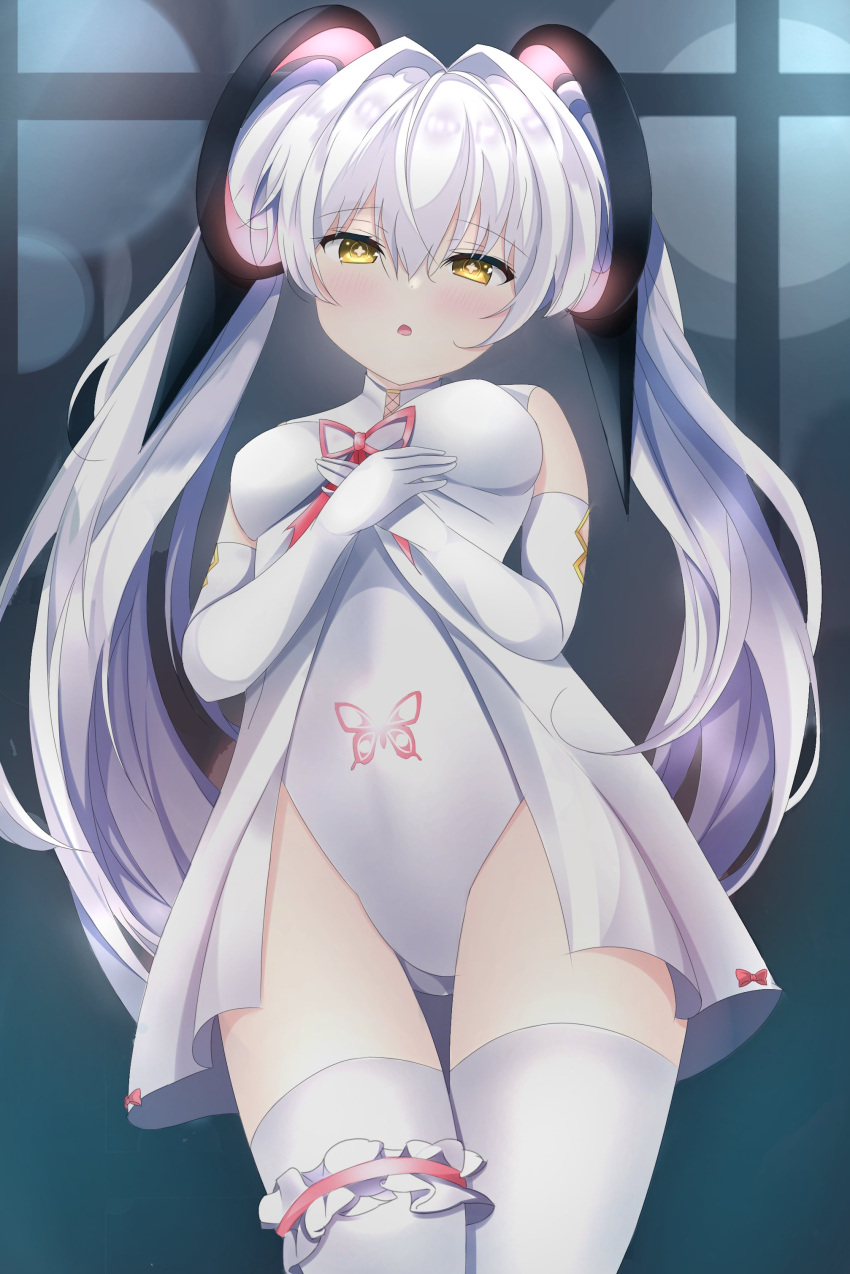 absurdres animal_print bridal_garter butterfly_print cross-shaped_pupils dress elbow_gloves female from_below gloves grey_hair hair_between_eyes hair_intakes highres kokuyou_oath leotard long_hair looking_at_viewer luna:_laurel_(pgr) luna_(pgr) punishing:_gray_raven solo symbol-shaped_pupils thighhighs twintails very_long_hair white_dress white_hair white_leotard white_thighhighs yellow_eyes