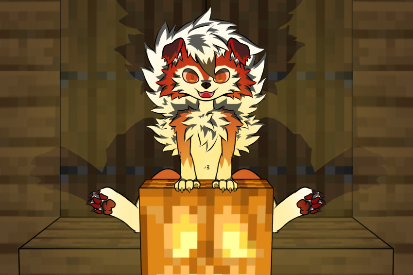 4_fingers 4_toes anthro black_nose claws door fangs feet female fingers floor fur generation_7_pokemon jack-o'-lantern kyshan_(artist) light lighting looking_at_viewer lycanroc microsoft midnight_lycanroc minecraft mojang nintendo open_mouth pawpads pokemon pokemon_(species) red_body red_eyes red_fur red_pawpads sitting solo spread_legs spreading teeth toe_claws toes tuft tufted_fur wall_(structure) white_feet wood wood_door wood_floor wood_wall xbox_game_studios