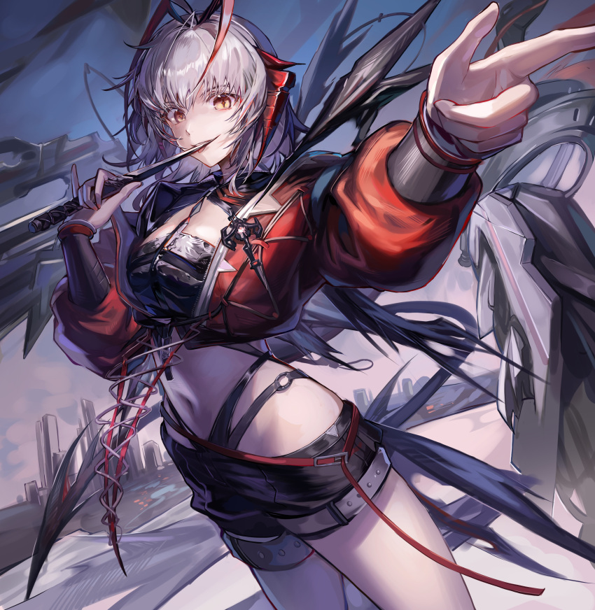 absurdres antenna_hair arknights black_shorts building chinese_commentary cityscape cloud commentary_request cowboy_shot crop_top cropped_jacket dagger female finger_gun from_side highres holding holding_dagger holding_knife holding_weapon horns jacket knife licking licking_weapon looking_at_viewer looking_to_the_side midriff navel pinky_out puffy_sleeves red_jacket short_hair shorts sky skyscraper solo standing symbol-shaped_pupils twilight w_(arknights) wangmou_zilaojuan weapon white_hair wis'adel_(arknights) yellow_eyes