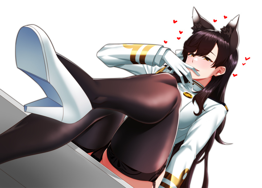 animal_ears atago_(azur_lane) azur_lane black_hair black_thighhighs commentary_request dog_ears dog_girl female from_below garter_straps gloves heart high_heels jacket kagiyama_(clave) long_hair long_sleeves mole mole_under_eye shoes simple_background solo thighhighs white_footwear white_gloves white_jacket yellow_eyes