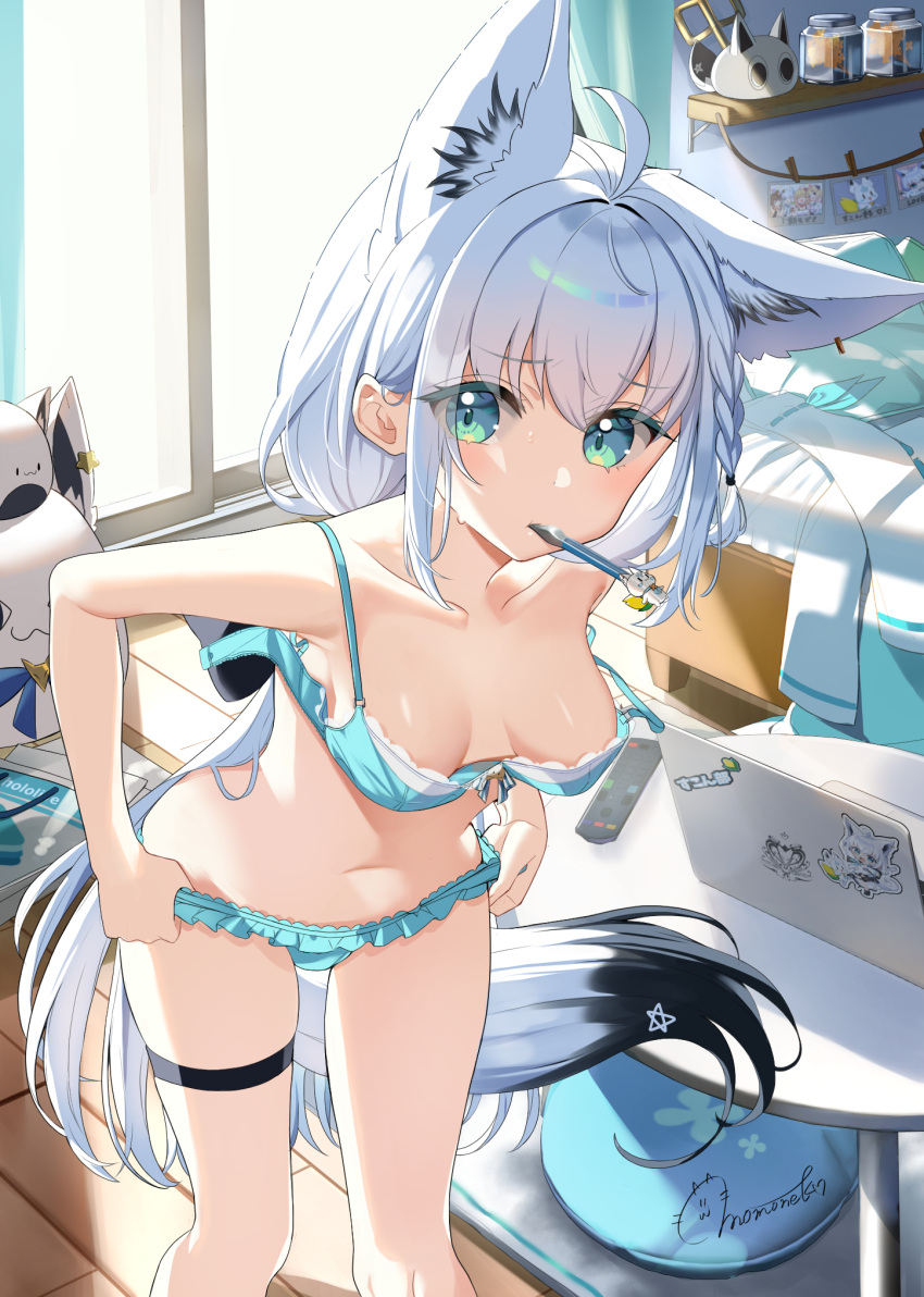 ahoge animal_ear_fluff animal_ears aqua_eyes bed bedroom blue_bra blue_panties bra braid breasts computer cowboy_shot female fox_ears fox_tail frilled_panties frills highres hololive indoors laptop long_hair looking_at_viewer medium_breasts momone_cco mouth_hold navel open_bra panties shirakami_fubuki side_braid solo tail thigh_strap underwear underwear_only undressing very_long_hair virtual_youtuber white_hair