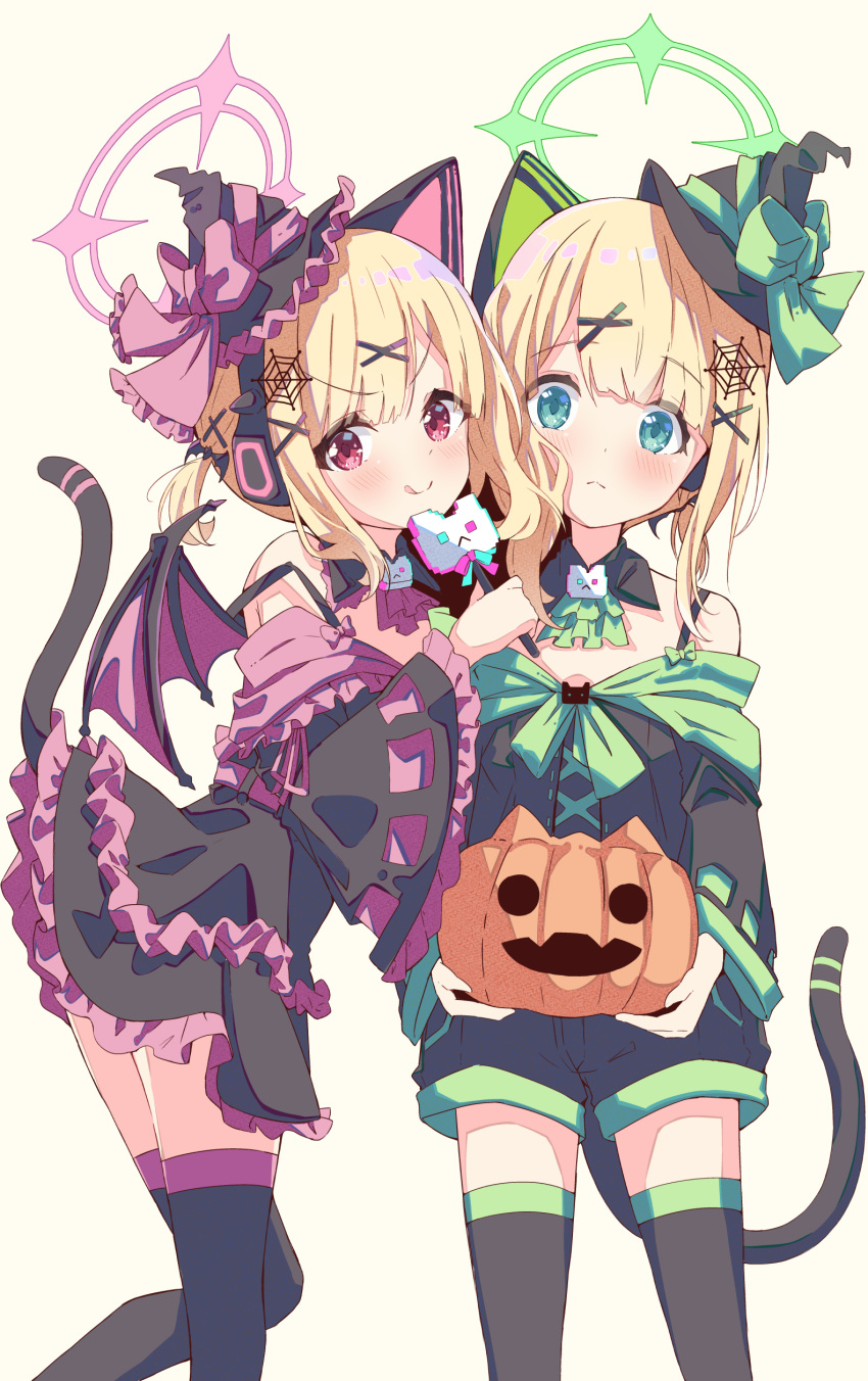 2girls absurdres alternate_costume animal_ear_headphones animal_ears aqua_eyes ascot bad_leg bat_wings black_collar black_hat black_jacket black_shorts black_skirt black_thighhighs blue_archive bow candy cat_ears cat_tail closed_mouth collar detached_collar fake_animal_ears food frilled_jacket frilled_skirt frills green_ascot green_bow green_halo hair_ornament halloween halloween_costume halo hat hat_bow headphones highres holding holding_candy holding_food holding_lollipop holding_pumpkin jack-o'-lantern jacket kanikama_acedia lollipop looking_at_viewer low_twintails medium_hair midori_(blue_archive) momoi_(blue_archive) multiple_girls pink_ascot pink_bow pink_halo pumpkin red_eyes redrawn ribbon-trimmed_sleeves ribbon_trim shorts siblings sidelocks simple_background sisters skirt smile spider_web_hair_ornament standing standing_on_one_leg surprised tail thighhighs tongue twins twintails white_background wings witch_hat x_hair_ornament zettai_ryouiki