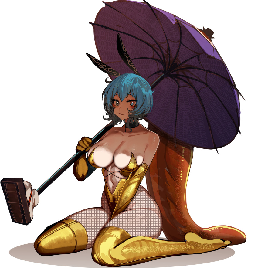 absurdres animal_ears arm_between_legs blue_eyes breasts cleavage closed_mouth commentary commission female fishnet_pantyhose fishnets full_body gold_leotard gold_thighhighs heterochromia highres holding holding_umbrella karakasa_obake large_breasts leotard looking_at_viewer pantyhose purple_umbrella rabbit_ears red_eyes simple_background solo tatara_kogasa tomatolover16 tongue touhou umbrella white_background