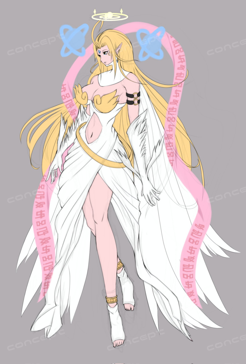 alternate_costume angewomon armor bare_shoulders blonde_hair breastplate breasts cleavage clothing_cutout concept_art digimoji digimon digimon_(creature) dress female gloves grey_background halo highres hudie_jun large_breasts long_hair navel pink_ribbon ribbon simple_background solo stomach_cutout strapless white_dress white_gloves winged_gloves