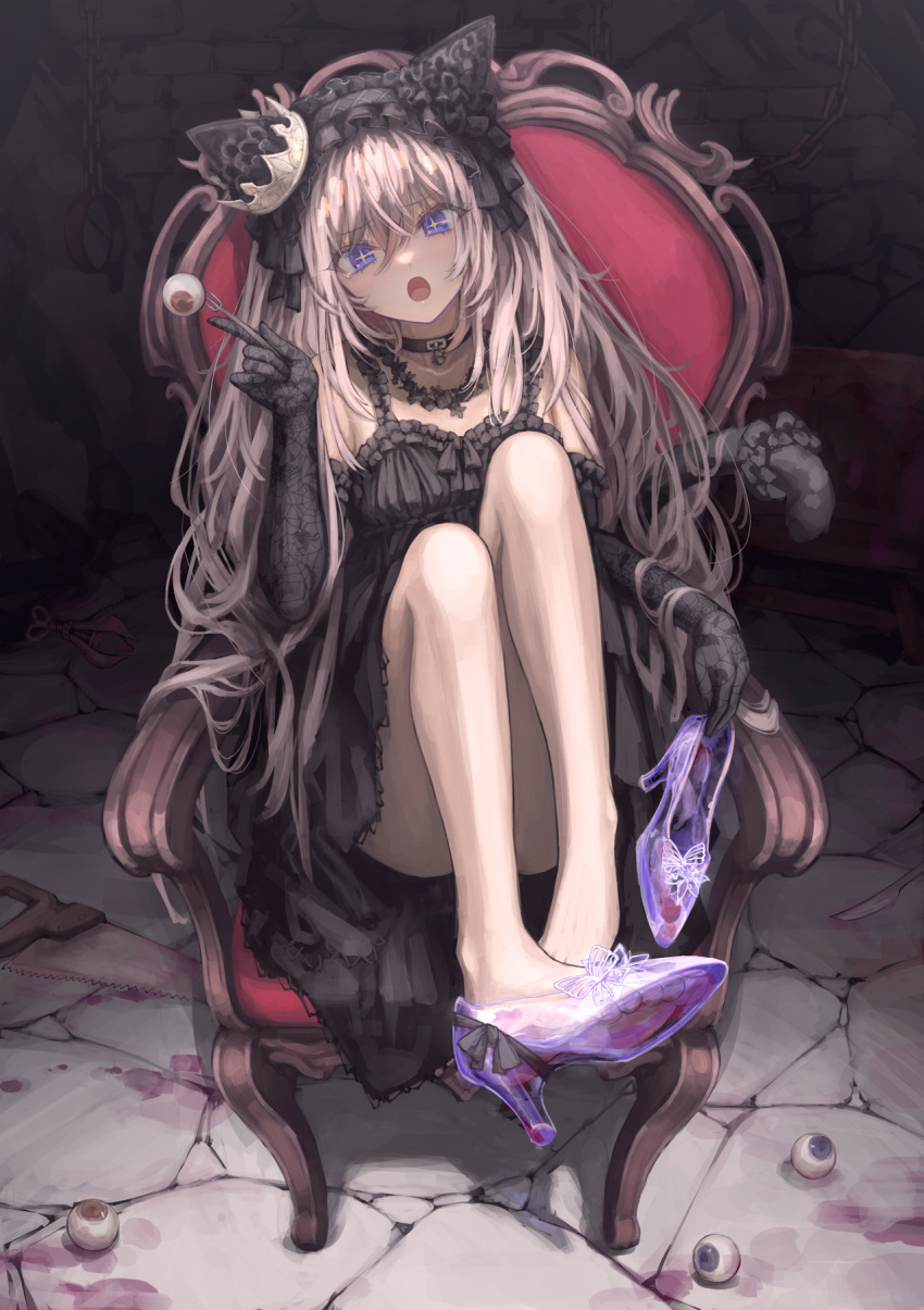 +_+ :o animal_ears armchair bare_legs bare_shoulders black_dress blood blood_on_knife blue_eyes chains chair collarbone commentary_request convenient_leg crack cracked_floor crown cuffs dress eyeball female fork frilled_dress frilled_hairband frills full_body guro hair_between_eyes hairband hand_saw high_heels highres holding indoors knees knees_up knife lace_sleeves lace_trim legs light_brown_hair long_hair looking_at_viewer open_mouth original osobachan pear_of_anguish saw shackles shoes sidelocks single_shoe sitting solo tail tears torture_instruments unworn_shoes wooden_horse