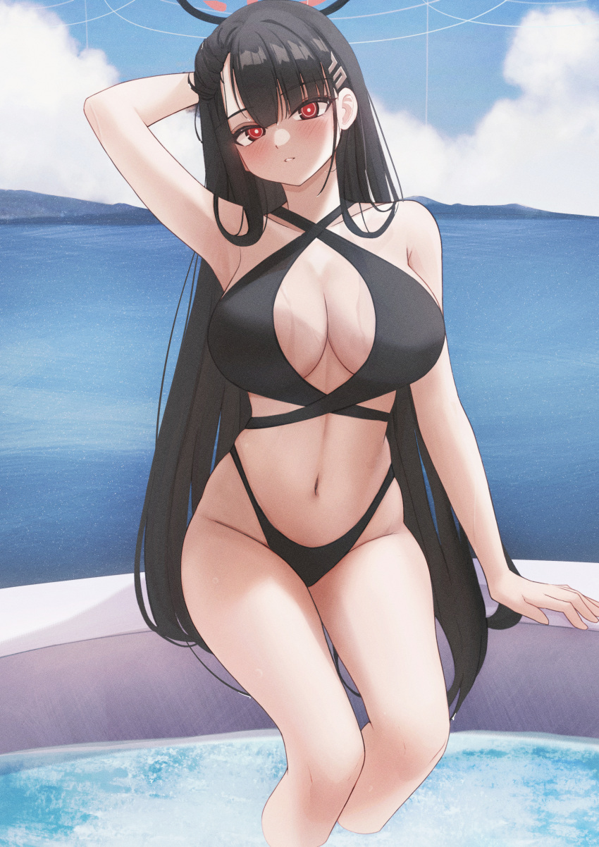 absurdres arm_behind_head bare_shoulders bikini black_bikini black_hair blue_archive blue_sky blush breasts cloud female hair_ornament hairclip halo highres large_breasts long_hair looking_at_viewer mofu07519 navel outdoors red_eyes ringed_eyes rio_(blue_archive) sitting sky soaking_feet solo swimsuit very_long_hair