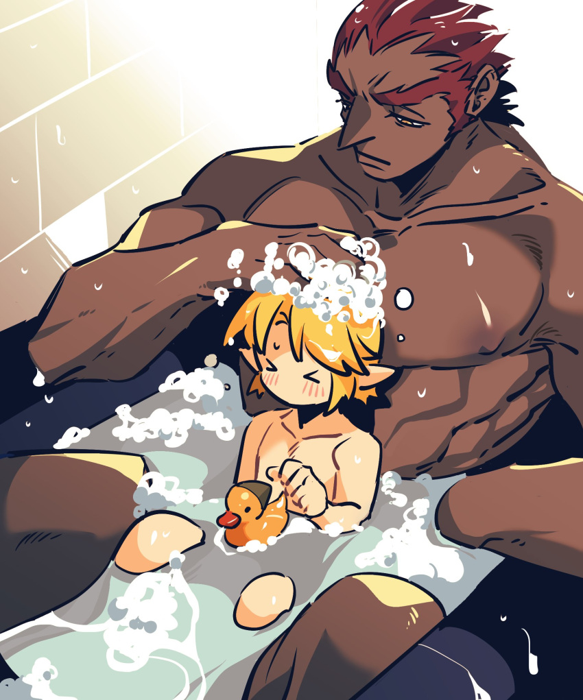 >_< 2boys bara bath bathing bathtub blonde_hair blush brick_wall brown_hair closed_mouth collarbone dark-skinned_male dark_skin foam ganondorf highres in_bathtub indoors large_pectorals link male_focus multiple_boys muscular muscular_male nipples nude orange_eyes pectorals pointy_ears rani_grb rubber_duck short_hair size_difference the_legend_of_zelda v-shaped_eyebrows washing_hair yaoi