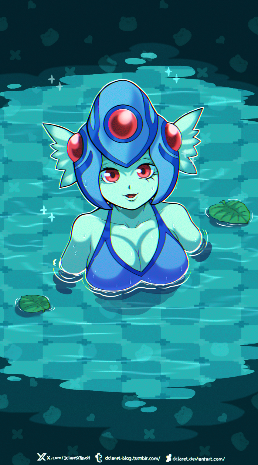 bikini blue_bikini blue_hat breasts cleavage colored_skin dclaret digimon digimon_(creature) female fins frog green_skin hat head_fins highres large_breasts looking_at_viewer partially_submerged ranamon red_eyes solo swimsuit twitter_username web_address