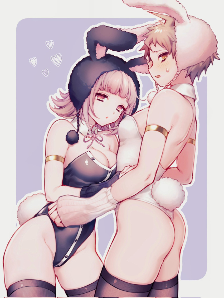 amido_(compassion273) animal_ears ass bare_shoulders black_leotard blush breasts brown_thighhighs cleavage cosplay crossdressing danganronpa_(series) danganronpa_2:_goodbye_despair detached_collar fake_animal_ears female highres hinata_hajime large_breasts leotard looking_at_viewer nanami_chiaki nanami_chiaki_(cosplay) playboy_bunny rabbit_ears rabbit_tail strapless strapless_leotard tail thighhighs white_leotard wrist_cuffs