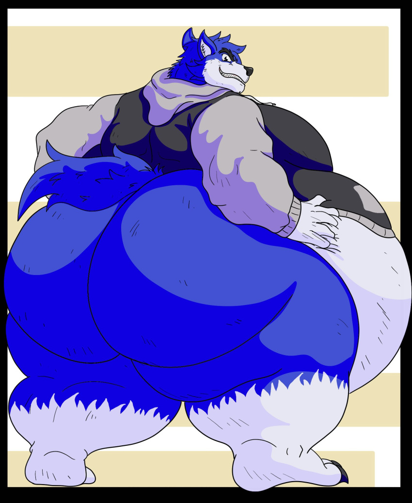 2024 anthro ass belly big_belly big_butt blue_body blue_fur bottomless bottomless_anthro bottomless_male canid canine canis claws clenched_teeth clothed clothing evil_grin fangs fur hi_res jacket jacket_only looking_at_viewer looking_back looking_back_at_viewer male mammal obese obese_anthro obese_male overweight overweight_anthro overweight_male rear_view smile smiling_at_viewer solo standing teeth thick_thighs topwear topwear_only voodoo_(kitsunezero) wide_hips wolf zangokunatenshi