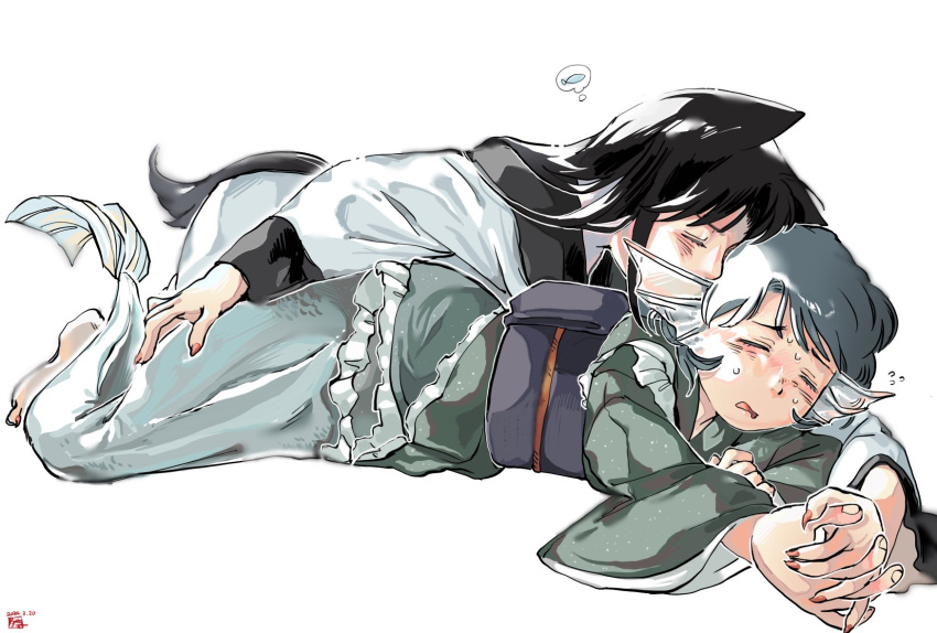 2girls animal_ears barefoot black_hair black_shawl blue_hair blush closed_eyes commentary cuddling dated dress fingernails fins fish flying_sweatdrops frilled_kimono frills furrowed_brow green_kimono head_fins highres holding_hands imaizumi_kagerou japanese_clothes kimono kissing kissing_neck kneeless_mermaid kokechankokko long_fingernails long_hair long_sleeves long_toenails lying mermaid monster_girl multiple_girls nose obi on_floor on_side open_mouth red_nails sash shawl signature simple_background spoken_object spooning sweat symbol-only_commentary tail toenails touhou wakasagihime wavy_mouth white_background white_dress wolf_ears wolf_girl wolf_tail yuri