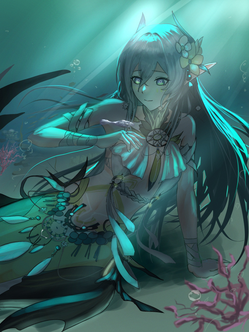 air_bubble arm_strap arm_support arm_wrap bare_shoulders bell_(only-id_228) bikini breasts bubble closed_mouth commentary_request coral female fins fish flower grey_hair hair_between_eyes hair_flower hair_ornament highres lamia:_lost_lullaby_(pgr) lamia_(pgr) long_hair looking_at_animal medium_breasts mermaid monster_girl navel official_alternate_costume pointy_ears punishing:_gray_raven purple_eyes shadow sidelocks sitting solo stomach swimsuit underwater very_long_hair white_bikini