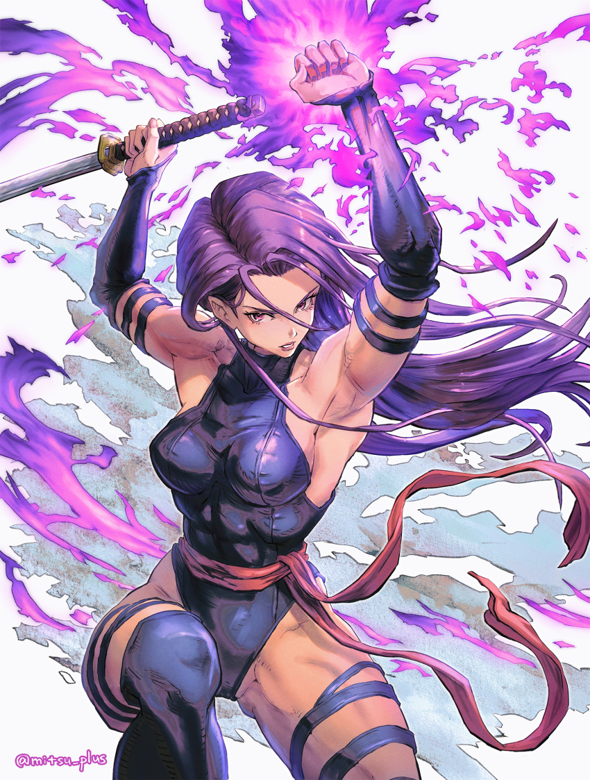 breasts commentary_request female gloves highleg highleg_leotard highres holding holding_sword holding_weapon katana leotard long_hair marvel mitsu_plus muscular muscular_female psylocke purple_eyes purple_gloves purple_hair purple_leotard sash solo sword twitter_username waist_sash weapon x-men