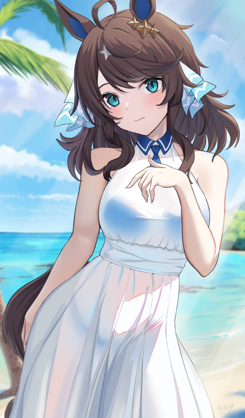 absurdres ahoge animal_ears beach bikini blush breasts cleavage closed_mouth cloud collarbone commentary_request commission daring_tact_(umamusume) dress female hair_between_eyes hair_ornament highres horse_ears horse_girl horse_tail looking_at_viewer may9 medium_breasts medium_hair ocean see-through_clothes skeb_commission sky solo star_(symbol) star_hair_ornament swimsuit tail umamusume white_dress