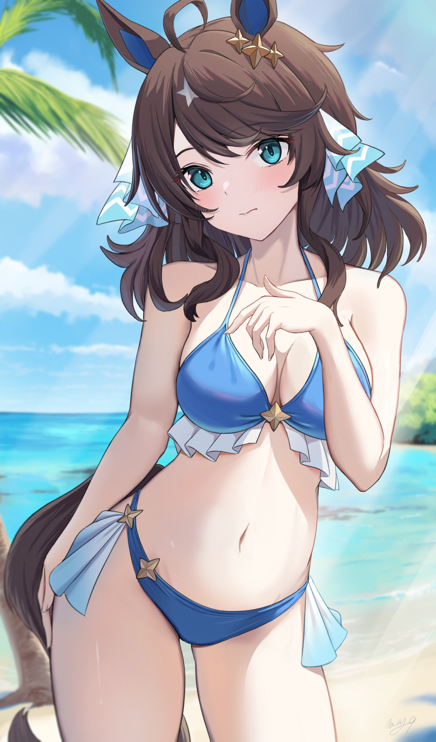 absurdres ahoge animal_ears beach bikini blush breasts cleavage closed_mouth cloud collarbone commentary_request commission daring_tact_(umamusume) female hair_between_eyes hair_ornament highres horse_ears horse_girl horse_tail looking_at_viewer may9 medium_breasts medium_hair ocean skeb_commission sky solo star_(symbol) star_hair_ornament swimsuit tail umamusume