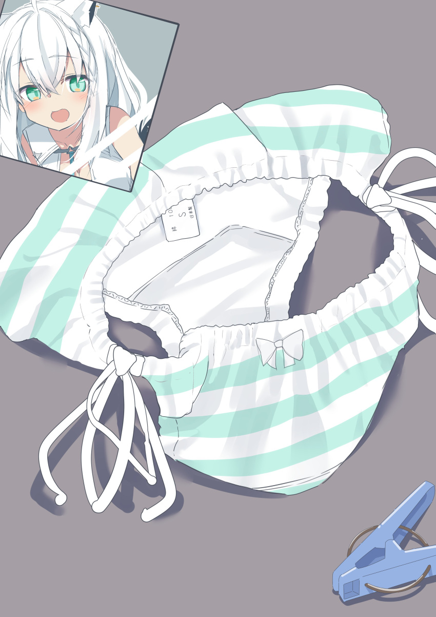 :d absurdres animal_ears blush bow bow_panties braid clothes_pin commentary_request female fox_ears fox_girl green_eyes green_panties grey_background highres hololive kanoe_nagi no_humans object_focus panties photo_(object) shadow shirakami_fubuki side-tie_panties sidelocks smile still_life striped_clothes striped_panties underwear unworn_panties virtual_youtuber white_hair white_panties