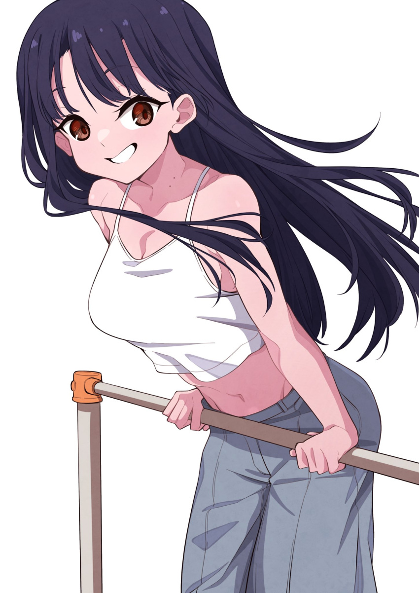 bare_arms bare_shoulders black_hair boku_no_kokoro_no_yabai_yatsu breasts brown_eyes camisole cleavage collarbone cowboy_shot female grey_pants grin highres horizontal_bar large_breasts long_hair looking_at_viewer mekato midriff mole mole_on_neck navel pants simple_background smile solo white_background white_camisole yamada_anna