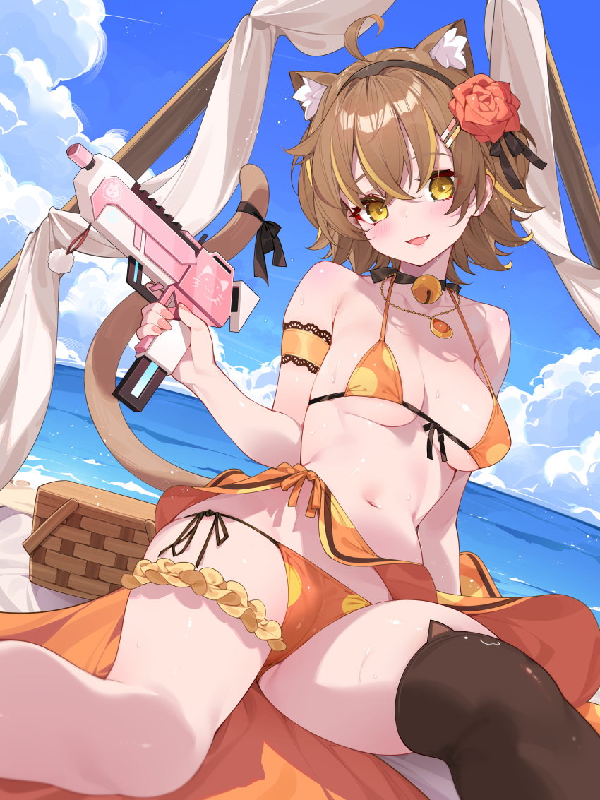 absurdres ahoge animal_ear_fluff animal_ears annin_miru bell bikini black_choker black_thighhighs blue_sky breasts brown_hair choker cloud commentary_request day female highres holding holding_water_gun indie_virtual_youtuber jingle_bell looking_at_viewer medium_breasts navel neck_bell ocean open_mouth orange_bikini outdoors short_hair side-tie_bikini_bottom single_thighhigh sitting sky smile solo swimsuit thighhighs virtual_youtuber water_gun waterring yellow_eyes