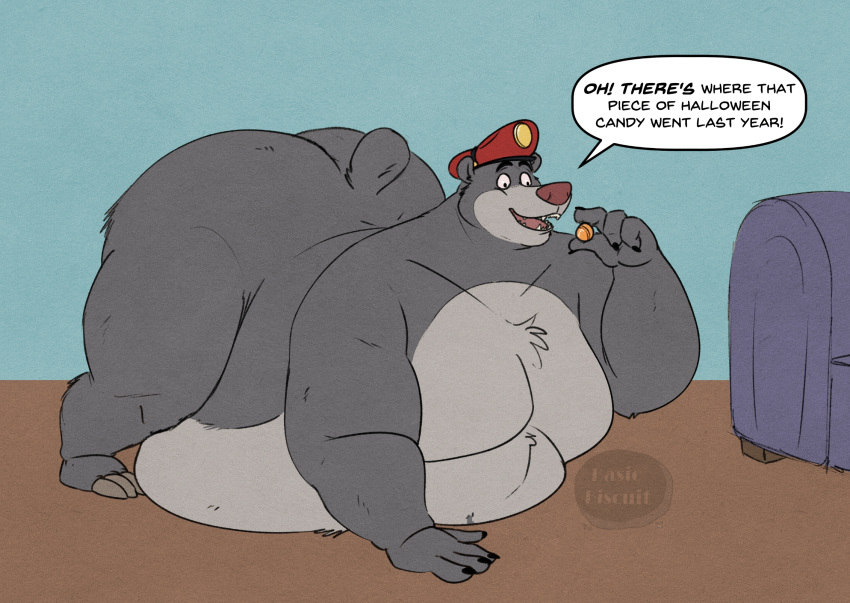 2024 all_fours anthro ass ass_up baloo basicbiscuit bear belly big_belly candy chest_tuft claws clothing dessert dialogue disney english_text fangs food furniture hat hat_only headgear headgear_only headwear headwear_only hi_res holding_candy holding_food holding_object male mammal mostly_nude nude obese obese_anthro obese_male open_mouth overweight overweight_anthro overweight_male short_tail signature sofa solo speech_bubble tail talespin teeth text the_jungle_book tongue tuft wide_eyed