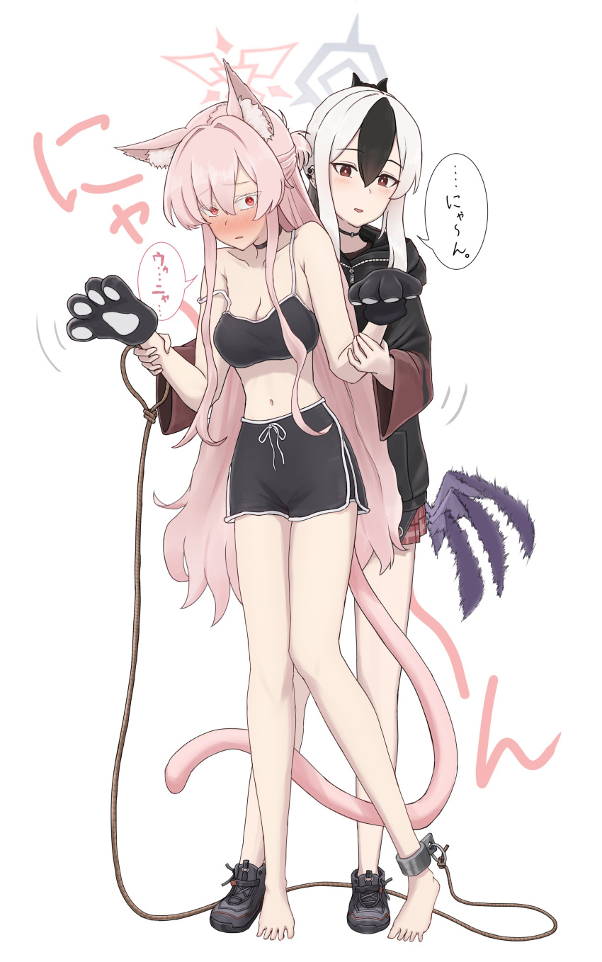 2girls absurdres aisumegane akira_(blue_archive) animal_ears animal_hands barefoot black_choker black_footwear black_hair black_hoodie black_horns black_shorts black_sports_bra blue_archive blush breasts cat_ears cat_paws cat_tail choker cleavage collarbone cuffs demon_horns gloves grey_halo hair_between_eyes halo highres holding_another's_wrist hood hoodie horns kayoko_(blue_archive) leash long_hair long_sleeves medium_breasts multicolored_hair multiple_girls navel paw_gloves red_eyes red_skirt shackles shorts sidelocks simple_background skirt smile sports_bra tail thighs translated two-tone_hair white_hair wing_flapping wings