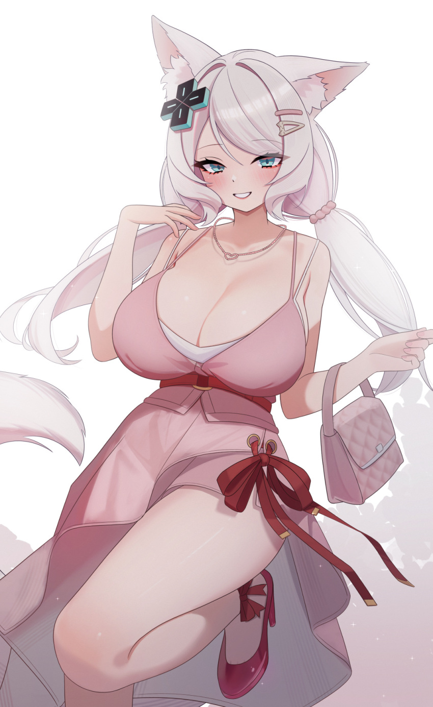 animal_ears bag bare_arms bare_legs bare_shoulders belt blue_eyes can_zhu d-pad d-pad_hair_ornament dress female fox_ears fox_girl fox_tail grin hair_ornament hand_up handbag high_heels highres indie_virtual_youtuber jewelry long_hair looking_at_viewer mizuki_(vtuber) necklace pink_dress shirt sleeveless sleeveless_dress sleeveless_shirt smile solo spaghetti_strap tail thighs undershirt virtual_youtuber white_hair white_shirt