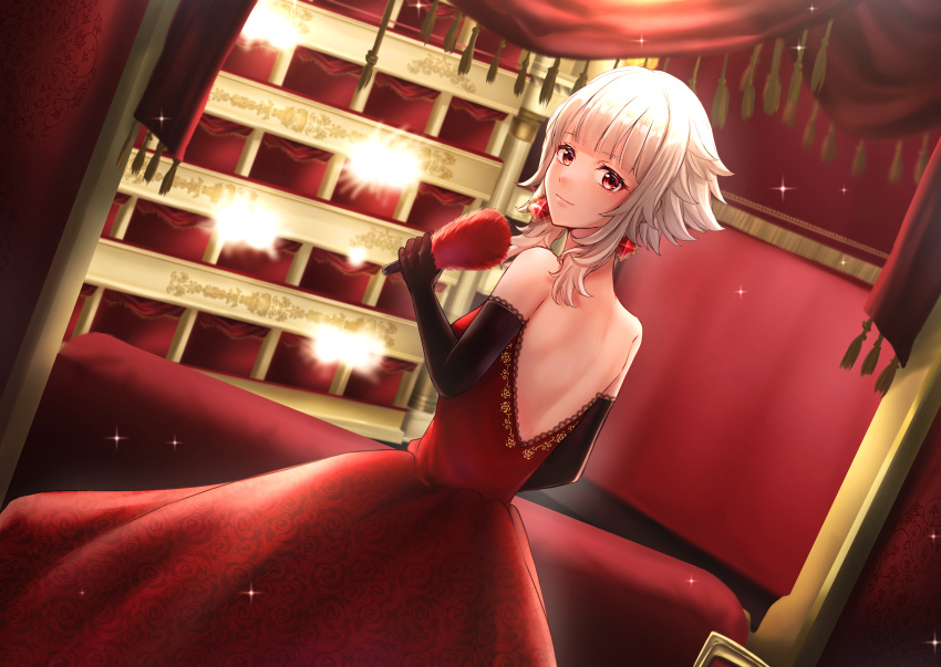 absurdres back bare_back commission curtains dress earrings elbow_gloves female fire_emblem fire_emblem_heroes floral_print gem gloves grey_hair hand_fan highres holding holding_fan indoors jewelry light_particles light_smile long_dress looking_at_viewer nei_(aduma1120ponpon) nintendo official_alternate_hairstyle red_eyes short_hair sidelocks skeb_commission smile tareme tassel theater veronica_(fire_emblem)