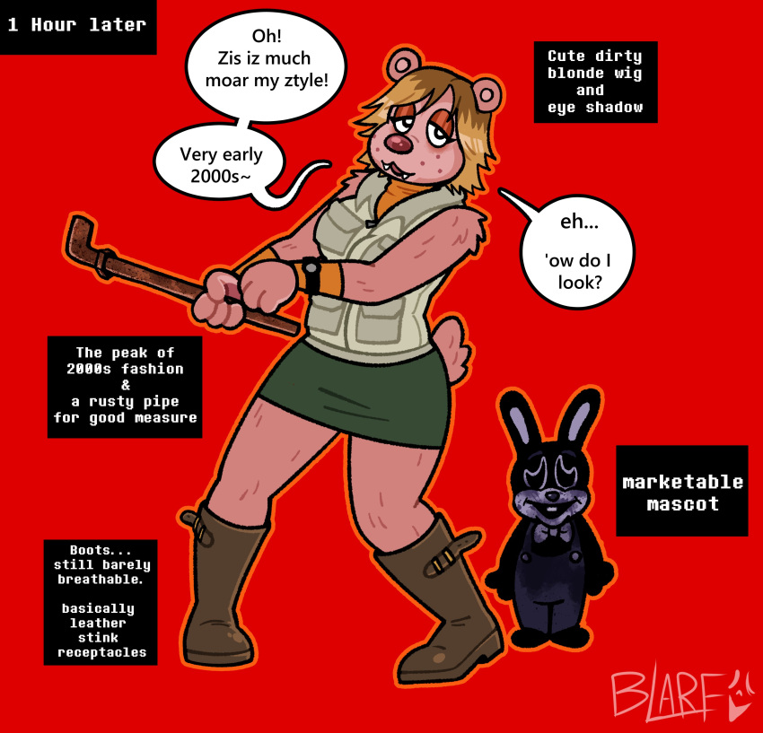 2024 absurd_res anthro bear blarf022 blarf_(blarf022) blonde_hair boots bottomwear clothing cosplay dialogue duo english_text female footwear hair heather_mason_(silent_hill) hi_res humanoid kinx_(blarf022) konami male mammal metal_pipe pipe red_background robbie_the_rabbit_(silent_hill) sherry_bear_(blarf022) silent_hill simple_background skirt text topwear vest