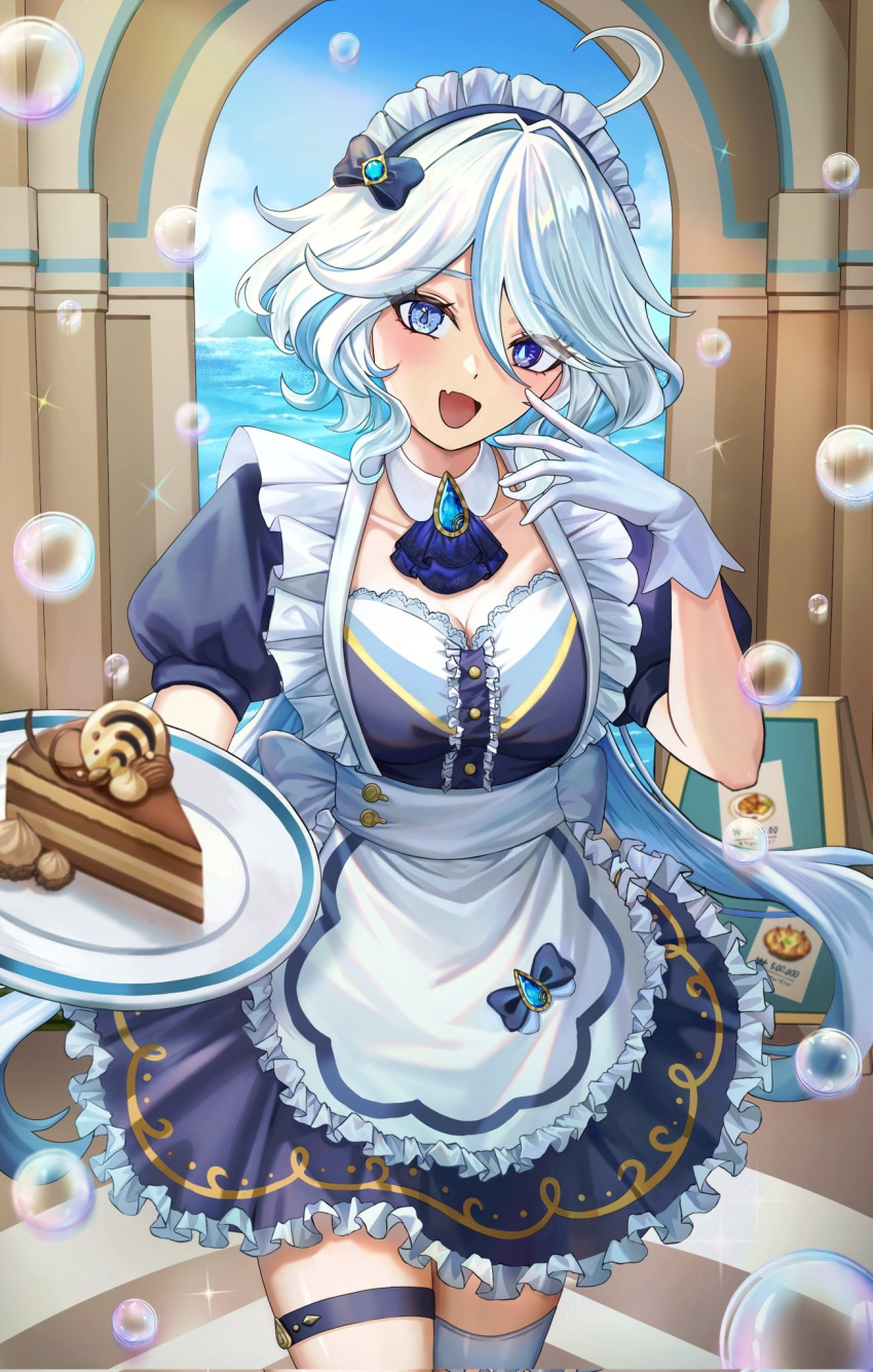 :d ahoge alternate_breast_size alternate_costume apron ascot blue_ascot blue_bow blue_dress blue_eyes blue_gemstone blue_hair bow breasts cake cleavage collar commentary_request cowboy_shot day dress drop-shaped_pupils enmaided food frilled_apron frilled_dress frills furina_(genshin_impact) gem genshin_impact gloves hairbow hand_up head_tilt heterochromia highres kama_(kama_ovo) la_lettre_a_focalors_(genshin_impact) light_blue_hair light_blush long_hair looking_at_viewer maid maid_headdress medium_breasts mixed-language_commentary multicolored_hair ocean outdoors outstretched_arm plate puffy_sleeves ribbon smile speech_bubble standing symbol-shaped_pupils thigh_strap two-tone_hair very_long_hair waist_ribbon white_apron white_collar white_gloves white_hair white_ribbon