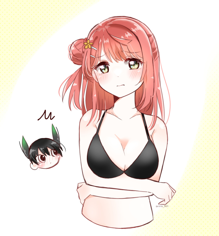 2girls ^^^ bikini black_bikini black_hair blunt_bangs blush braid braided_bun breasts chibi chibi_inset cleavage closed_mouth commentary_request cropped_torso gradient_hair green_hair hair_between_eyes hair_bun hair_ornament hairclip half_updo highres looking_at_another looking_at_viewer love_live! love_live!_nijigasaki_high_school_idol_club medium_hair multicolored_hair multiple_girls pink_hair ririn_(ririn_501) single_side_bun solo_focus swept_bangs swimsuit takasaki_yu twitter_username two-tone_hair uehara_ayumu upper_body white_background yellow_eyes