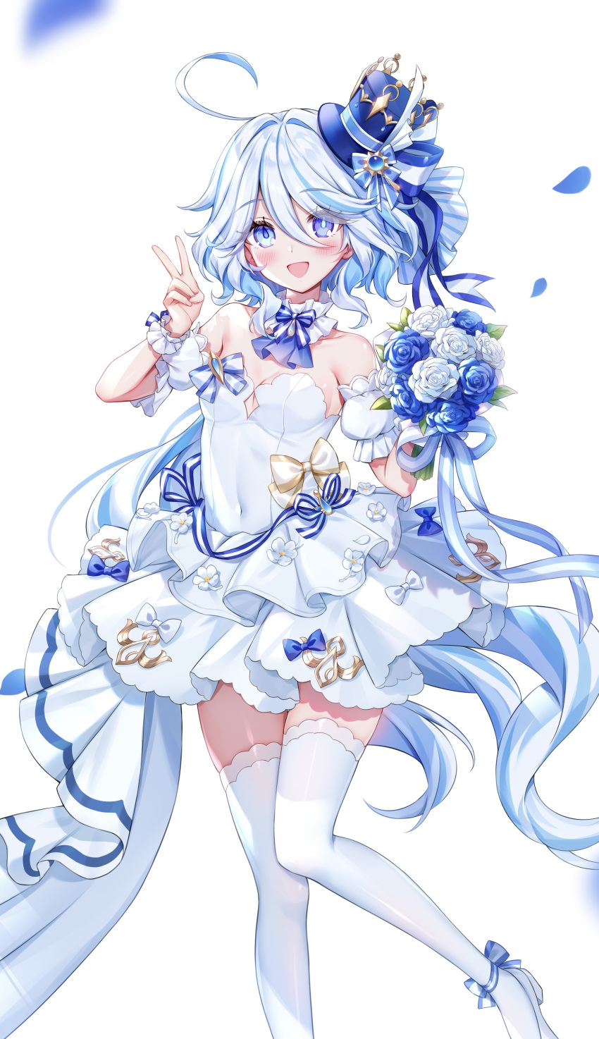 :d absurdres ahoge amaki_ruto bare_shoulders blue_eyes blue_flower blue_hair blue_hat blue_rose blush bouquet breasts cleavage covered_navel detached_sleeves dress female flower furina_(genshin_impact) genshin_impact hat highres holding holding_bouquet long_hair looking_at_viewer open_mouth petals puffy_short_sleeves puffy_sleeves rose short_sleeves simple_background smile solo strapless strapless_dress thighhighs top_hat v very_long_hair white_background white_dress white_flower white_rose white_thighhighs