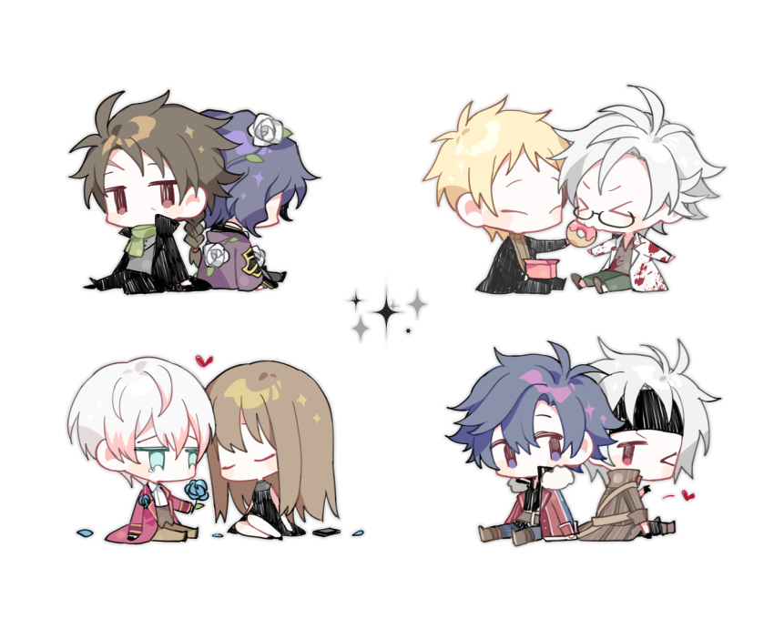 >_< >_o 6+boys atou_haruki belt black_dress black_headband black_jacket blonde_hair blood blood_on_clothes blue_eyes blue_flower blue_footwear blue_hair braid brown_belt brown_coat brown_footwear brown_hair brown_sweater chibi chibi_only closed_eyes coat colored_tips crow_armbrust dress eiyuu_densetsu female flower fur-trimmed_coat fur_trim glasses green_eyes green_pants green_scarf grey_shirt harada_minoru headband heart holding holding_flower jacket kanou_aogu lab_coat long_hair multicolored_hair multiple_boys no_mouth no_nose one_eye_closed open_clothes open_coat open_jacket pants plant protagonist_(susanghan_messenger) rean_schwarzer red_coat red_eyes red_hair ribbed_sweater saibou_shinkyoku sakuraihum scar scar_on_face scar_on_forehead scarf semi-rimless_eyewear sen_no_kiseki shirt simple_background single_braid sleeveless sleeveless_dress striped_coat susanghan_messenger sweater teardrop turtleneck turtleneck_sweater unknown_(susanghan_messenger) utsugi_noriyuki vertical-striped_coat vines white_background white_flower white_hair