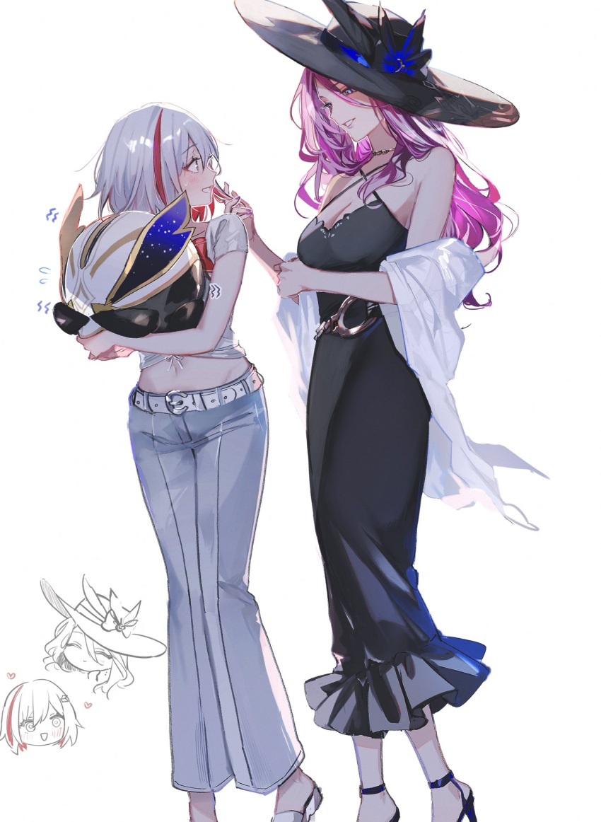 2girls belt black_dress black_hat blue_eyes breasts cleavage dress grey_hair grey_pants hat highres holding honkai:_star_rail honkai_(series) jade_(honkai:_star_rail) long_hair medium_breasts midriff multicolored_hair multiple_girls navel numby_(honkai:_star_rail) pants pink_hair red_hair shirt short_hair short_sleeves simple_background sleeveless sleeveless_dress standing streaked_hair topaz_(honkai:_star_rail) trotter_(honkai:_star_rail) umenoume white_background white_belt white_shirt