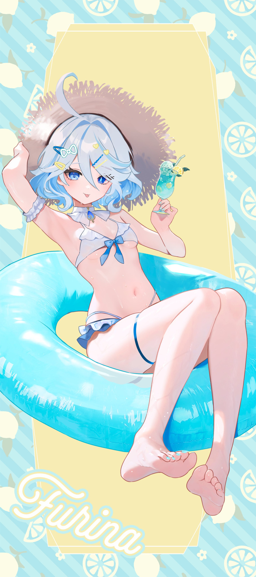 :q absurdres adjusting_clothes adjusting_headwear alternate_costume arm_scrunchie arm_up armpits barefoot bikini blue_eyes blue_gemstone blue_hair breasts character_name drop-shaped_pupils feet female fluffy_hair food frilled_bikini frills front-tie_bikini_top front-tie_top fruit_background full_body furina_(genshin_impact) gem genshin_impact hair_ornament hairpin hat heart heart_hair_ornament heterochromia highres holding holding_food innertube looking_at_viewer midriff nail_polish navel on_innertube revision rrr_gns_(riuriu_1212) short_hair small_breasts soles solo straw_hat striped_background sun_hat swim_ring swimsuit symbol-shaped_pupils thigh_strap toenail_polish toenails toes tongue tongue_out wavy_hair wet white_hair