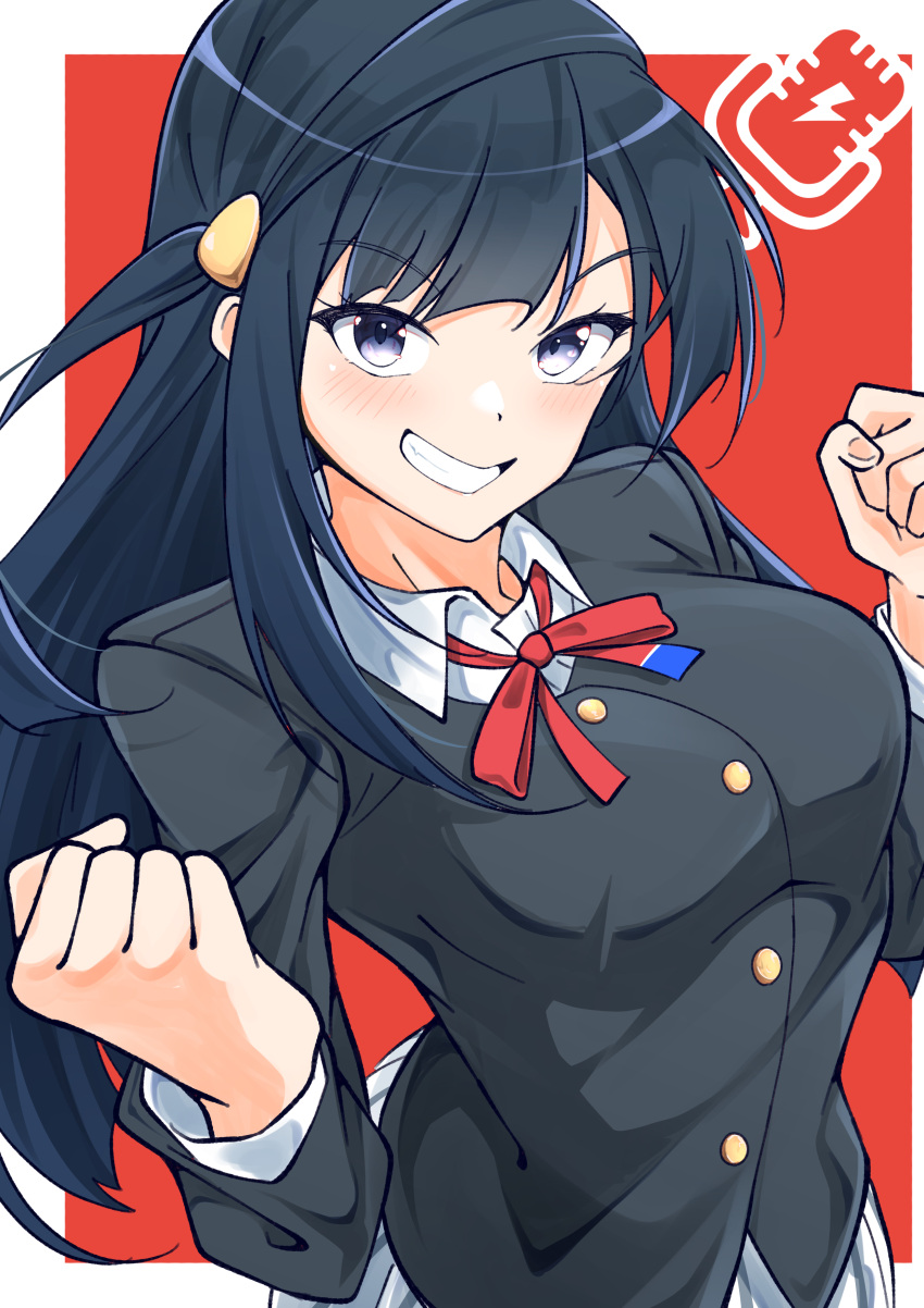 absurdres black_hair border breasts clenched_hands commentary female grey_eyes grin highres large_breasts long_hair long_sleeves looking_at_viewer love_live! love_live!_nijigasaki_high_school_idol_club nijigasaki_school_uniform one_side_up red_background school_uniform smile solo thio_lovelive upper_body white_border yuki_setsuna_(love_live!)