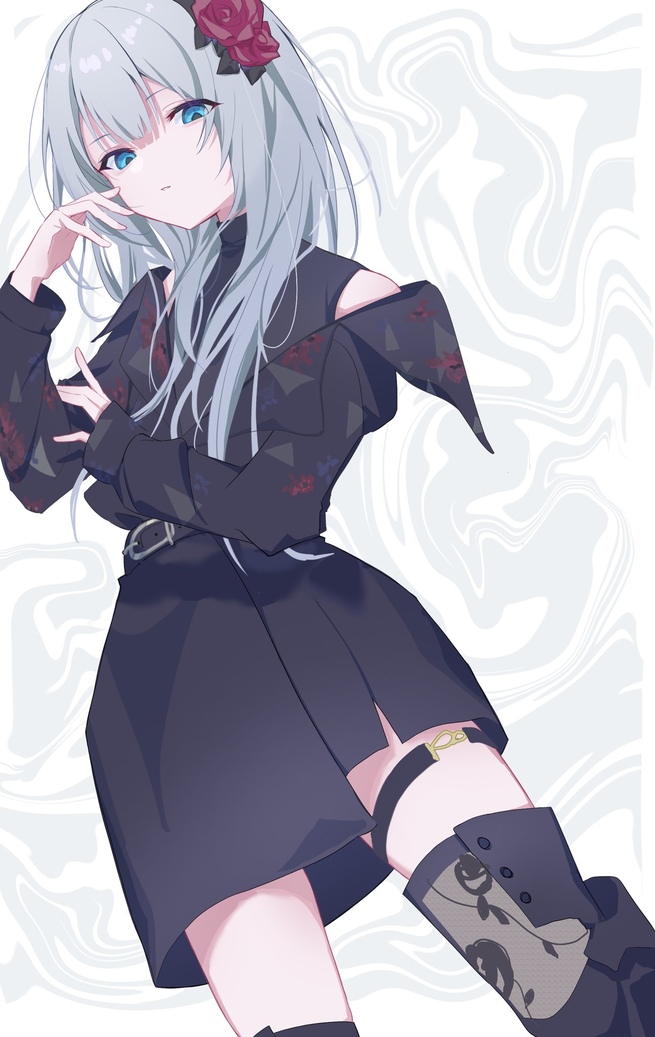 :/ arm_up asymmetrical_skirt belt black_belt black_dress black_skirt black_thighhighs blue_eyes blunt_bangs commentary cowboy_shot dress eyes_visible_through_hair female floral_print flower from_below glaring grey_background grey_hair hair_flower hair_ornament highres long_hair looking_at_viewer no_nose off_shoulder official_alternate_costume official_alternate_hairstyle pleated_skirt project_sekai red_flower red_rose rose sidelocks skirt solo standing swirling tamagoegg thigh_strap thighhighs turtleneck white_background yoisaki_kanade zozotown