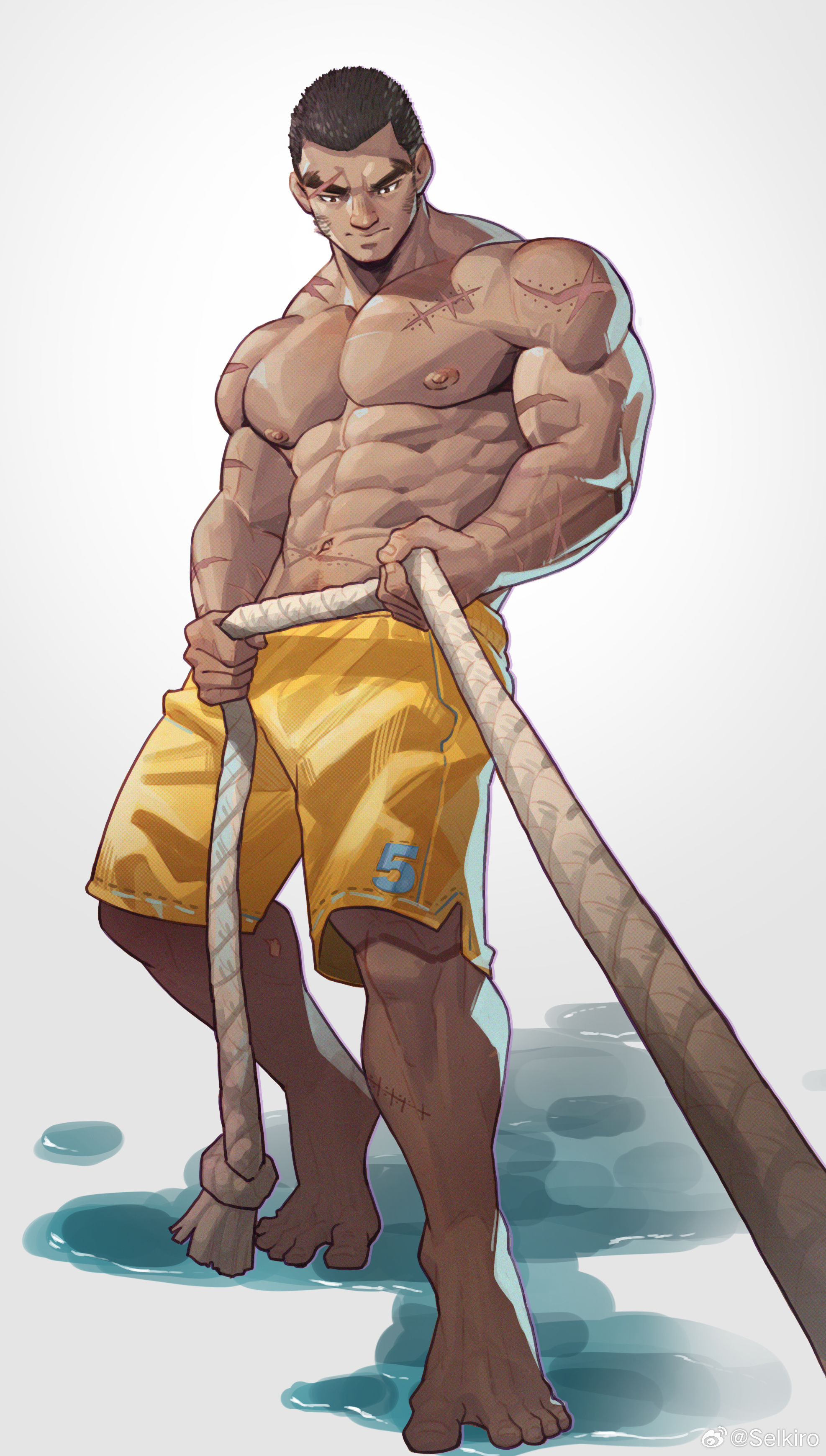 1boy abs absurdres bara eyebrow_cut full_body highres large_pectorals looking_at_viewer male_focus mature_male multiple_scars muscular muscular_male navel nipples original pectorals pulling rope scar selkiro short_hair shorts solo standing stomach topless_male yellow_shorts