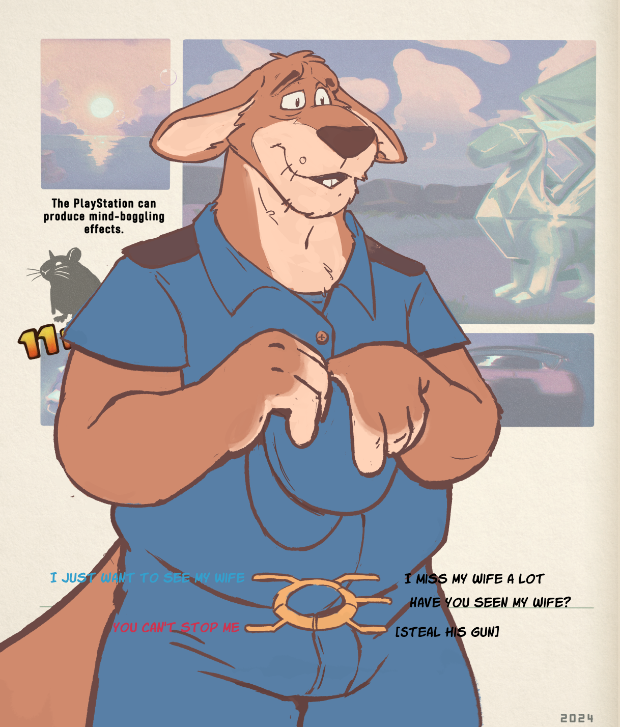 2024 anthro biped bottomwear brok_the_investigator bulge clothing cowcat_games english_text hi_res humanoid_hands kangaroo macropod male mammal marsupial overweight overweight_male pants shirt sin_silver solo spectral-bat text topwear