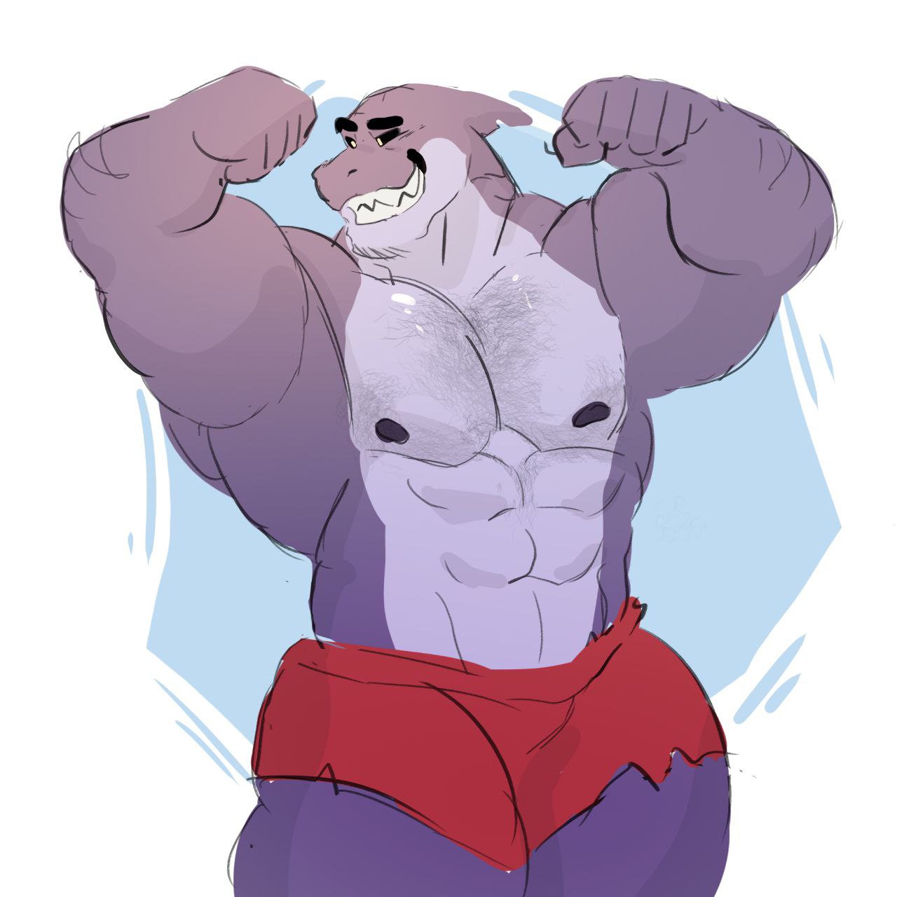 anthro body_hair bottomwear boyo_francis chest_hair clothing fish flexing gael_(audaz) hi_res male marine muscular shark shorts smile solo