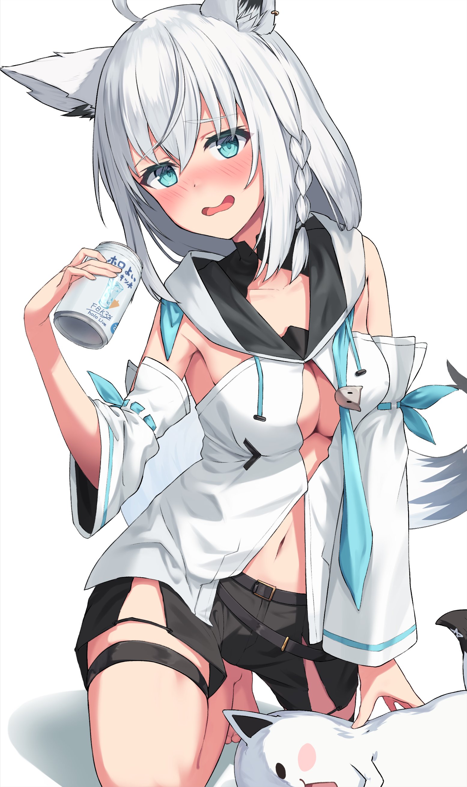 absurdres ahoge animal_ear_fluff animal_ears aqua_eyes ars_rg0412 blush braid breasts cleavage drunk female fox_ears fox_girl fox_tail grey_hair highres hololive hood hoodie long_hair looking_at_viewer medium_breasts open_mouth shirakami_fubuki shirakami_fubuki_(1st_costume) single_braid solo tail virtual_youtuber white_hair white_hoodie