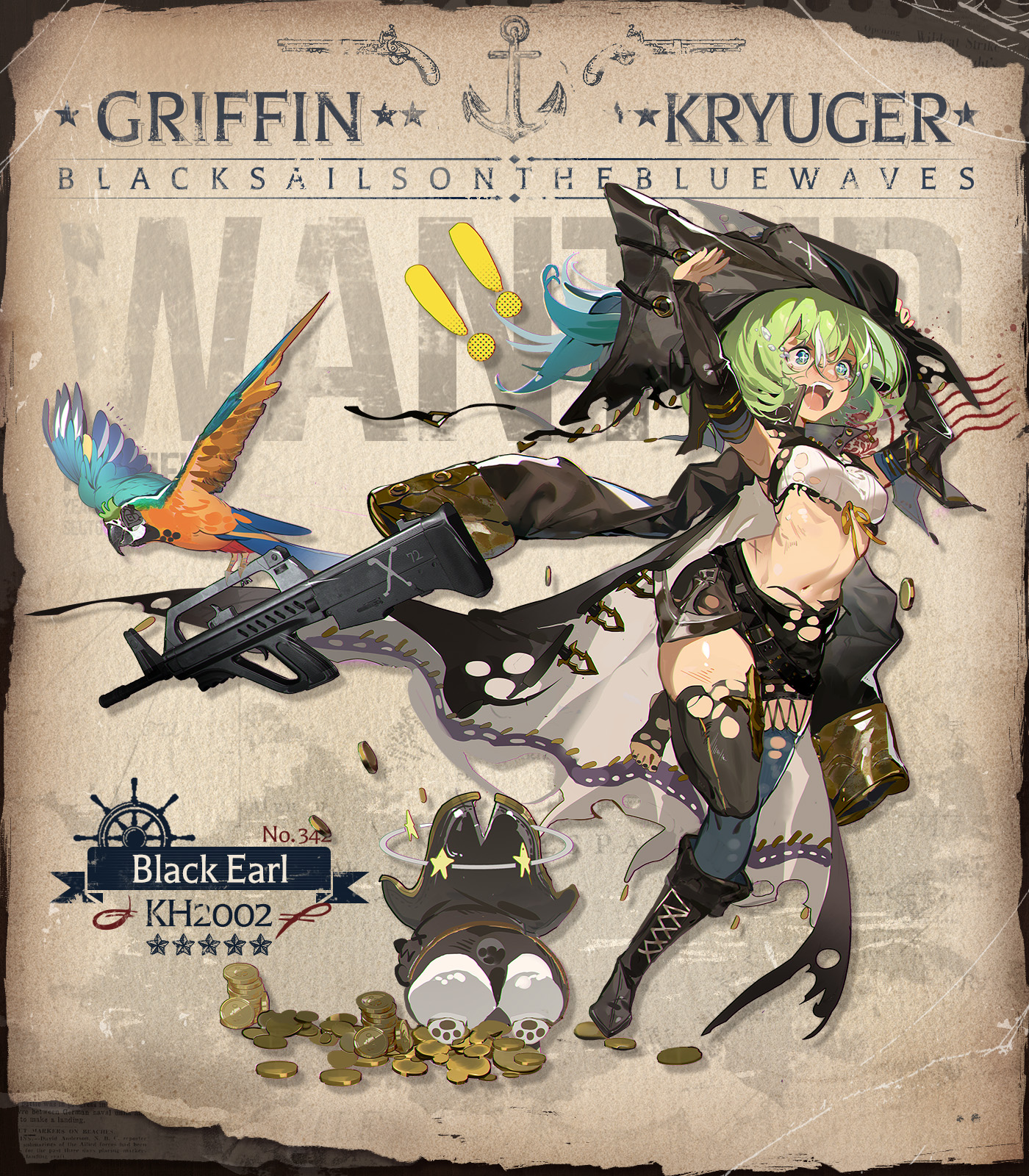 ! !! anchor_ornament arms_up asymmetrical_legwear aym_(weibo2861967950) bandeau bicorne black_coat black_dog black_footwear black_hat black_nails black_shorts black_sleeves black_thighhighs blue_thighhighs boots breasts character_name coat coat_on_shoulders coin commentary detached_sleeves dizzy english_commentary eyepatch feet female fleeing flying flying_teardrops full_body girls'_frontline gold_coin green_eyes green_hair gun hair_between_eyes hat highres holding holding_gun holding_weapon kh2002 kh2002_(black_earl)_(girls'_frontline) kh2002_(girls'_frontline) knee_boots long_sleeves mismatched_legwear navel official_alternate_costume official_art open_mouth pirate_hat pitbull_terrier poster_(object) running second-party_source short_hair short_shorts shorts single_knee_boot solo star_(symbol) stomach teeth thighhighs toenails toes torn_bandeau torn_clothes torn_coat torn_hat torn_shorts torn_thighhighs upper_teeth_only wanted weapon white_bandeau